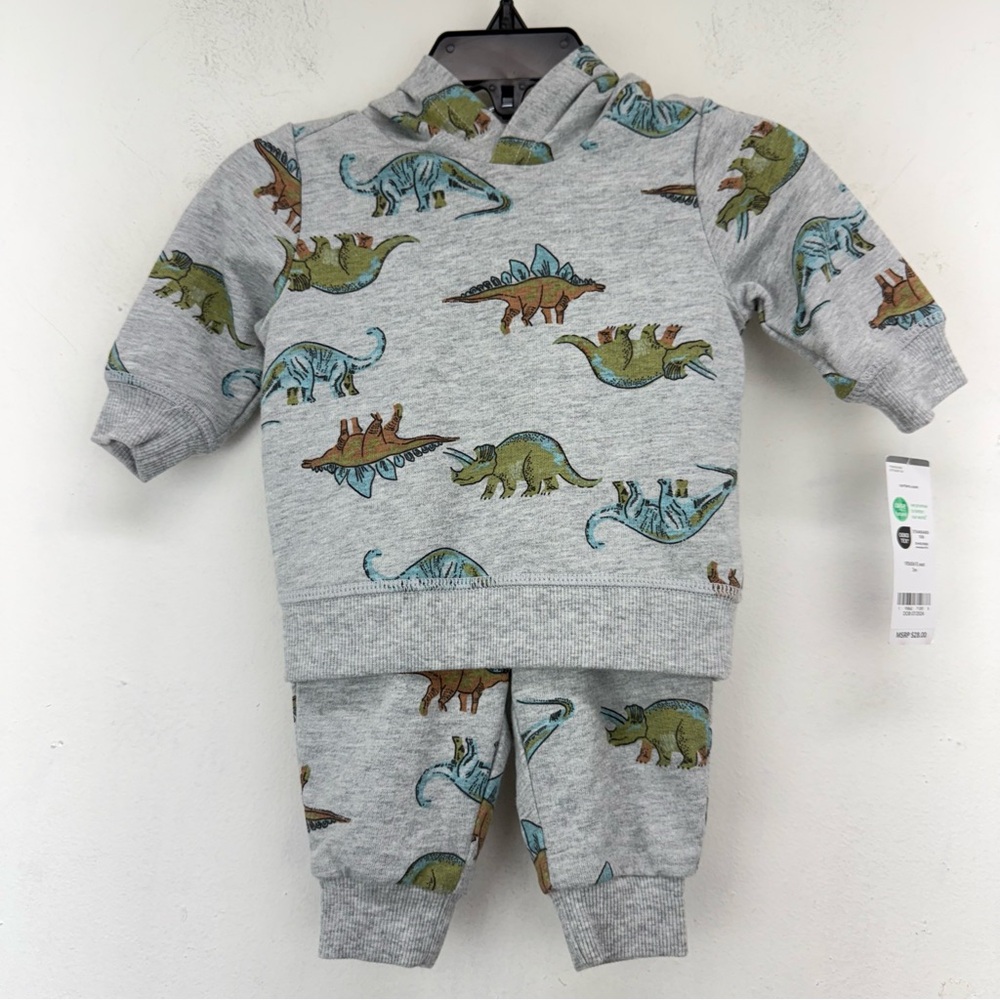 Carter’s size 3 Months Baby Gray Dino Dinosaur 2-Piece Hoodie & Sweatpants NWT